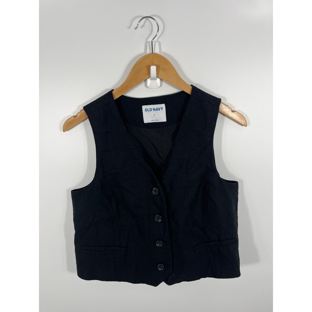 Old Navy Womens Linen Blend Vest S Black Minimalist Chic Office Quiet‎ Luxury
